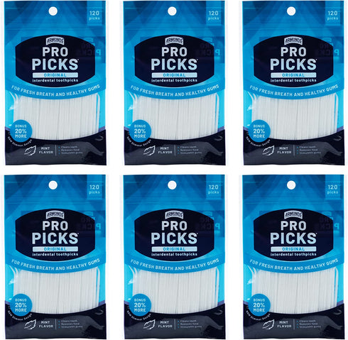 Armonds ProPicks Original Dental Picks for Teeth Cleaning - Disposable Plastic Toothpicks for Teeth & Gums - Cleans Teeth & Massages Gums - Fresh Mint Flavor - 6 Packages x 120 Interdental Tooth Picks