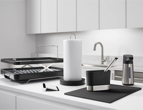 KOHLER Multi-Purpose Over-the-Sink Drying Rack, Caddy with Kitchen Towel Bar Holder, Soaking Cup. Expandable 14.6" to 17.6", Stainless Steel, White