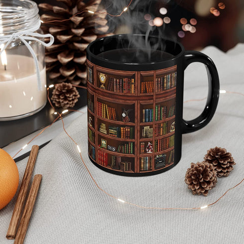 Library Bookshelf Mug, Library Mug, Bookshelf Mug, Librarian Mug, Book Lover Mug Birthday Gift Christmas Present, Literature Buff Avid Reader Gift, Book Titles Cup Black 11oz
