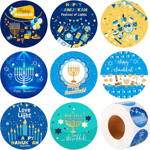 ELCOHO 600 Pieces Happy Hanukkah Stickers Holiday Menorah Labels Stickers Round Hanukkah Themed Seal Stickers for Holiday Decorations