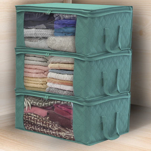 Sorbus Foldable Storage Bag Organizers, Large Clear Window & Carry Handles, Great for Clothes, Blankets, Closets, Bedrooms, and More (3-Pack, Teal)