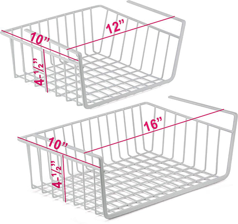 DecorRack 2 Under Shelf Basket, Undershelf Wire Storage Organizer with Hooks for Kitchen Pantry Cabinet Closet Office, Hanging Undershelf Basket Storage Rack, 16 x 10 and 12 x 10 inch (Set of 2)