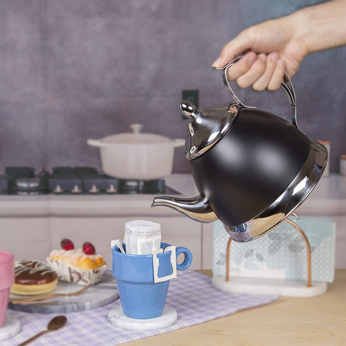 Evco International Nobili Stainless Steel Tea Kettle with Removable Infuser Basket and Aluminum Capsulated Bottom for Even Heat Distribution, 2.0 Quart, Opaque Black