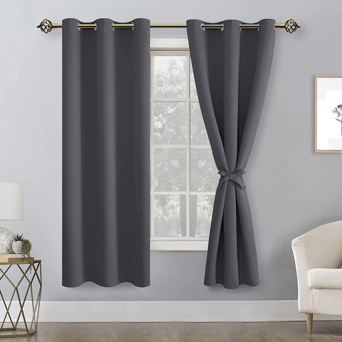 Hiasan Grommet Blackout Curtains for Bedroom, 42 x 63 Inches Length - Thermal Insulated & Light Blocking Window Curtains for Living Room, 2 Drape Panels Sewn with Tiebacks, Dark Grey