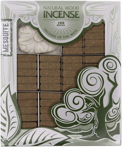 Incienso de Santa Fe - Mesquite Natural Wood Incense Bricks with Holder, 100 Count