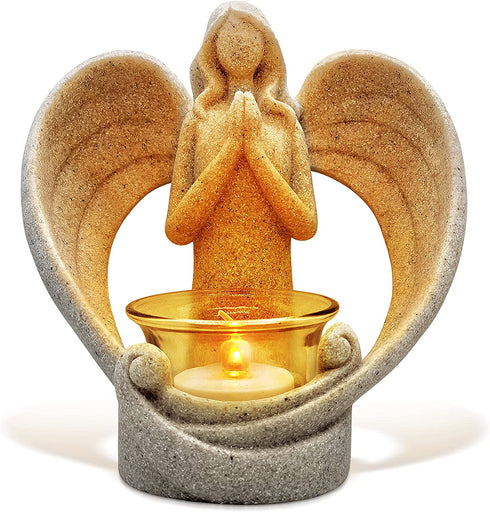 OakiWay Memorial Gifts Angel Figurines Tealight Candle Holder, Sympathy Gifts for Loss of Loved One, W/ Flickering Led Candle, Bereavement, Grief, Funeral, Remembrance, Memory Home Decorations