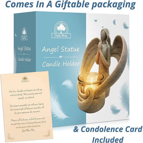 OakiWay Memorial Gifts Angel Figurines Tealight Candle Holder, Sympathy Gifts for Loss of Loved One, W/ Flickering Led Candle, Bereavement, Grief, Funeral, Remembrance, Memory Home Decorations