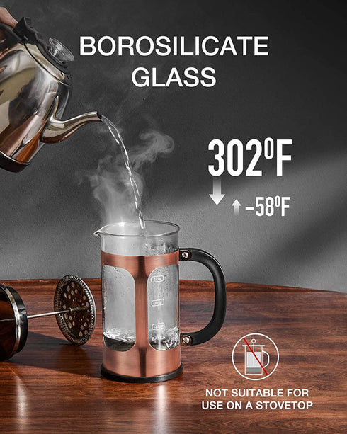 BAYKA French Press Coffee Maker, Glass Classic Copper 304 Stainless Steel Coffee Press, Cold Brew Heat Resistant Thickened Borosilicate Coffee Pot for Camping Travel Gifts, 34 Ounce