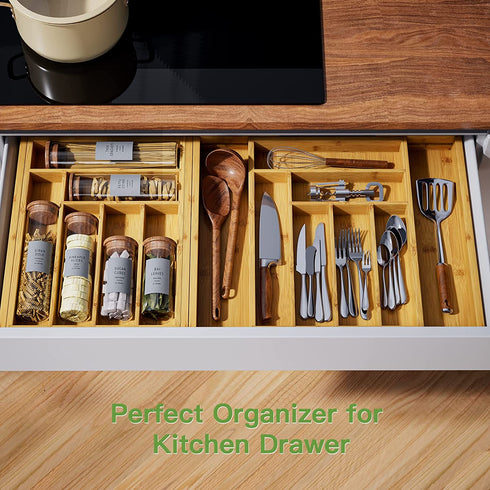 Bamboo Expandable Drawer Organizer for Utensils Holder, Adjustable Cutlery Tray, Wood Drawer Dividers Organizer for Silverware, Flatware, Knives in Kitchen, Bedroom, Living Room by Pipishell