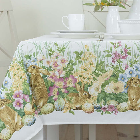 Benson Mills Easter Spillproof Fabric Tablecloth, Indoor/Outdoor Use, for Easter and Spring (Blooming Bunnies, 60" X 104" Rectangular)