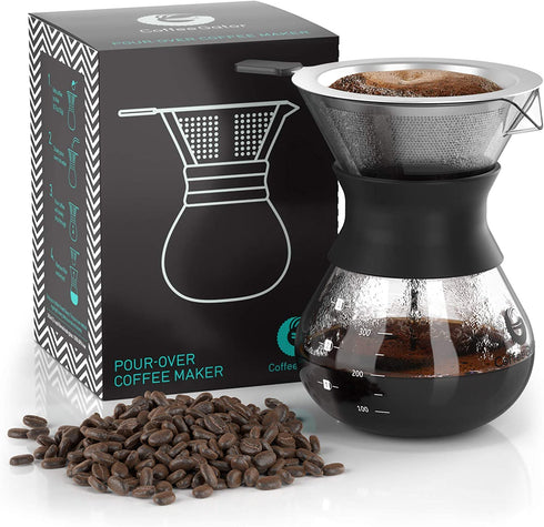 Coffee Gator Pour Over Coffee Maker - 10.5 oz Paperless, Portable, Drip Coffee Brewer Pour Over Set w/ Glass Carafe & Stainless-Steel Mesh Filter, Black