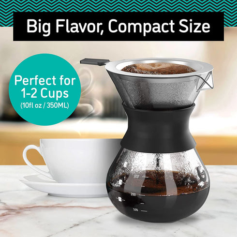 Coffee Gator Pour Over Coffee Maker - 10.5 oz Paperless, Portable, Drip Coffee Brewer Pour Over Set w/ Glass Carafe & Stainless-Steel Mesh Filter, Black