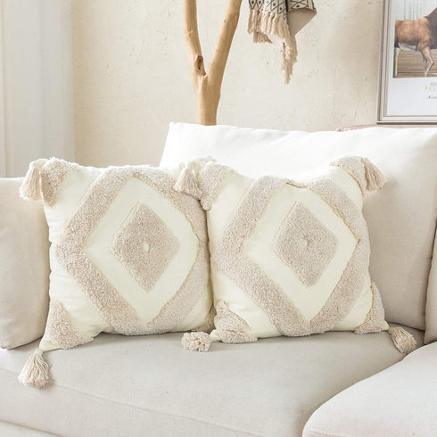 Woven Tufted Boho Throw Pillow Cover Set of 2, Modern Decorative Geometric Diamond Chevron Cushion with Tassels, Farmhouse Tribal Pillowcase for Couch Sofa Bedroom Living Room, 18 x 18 Inches, Ivory