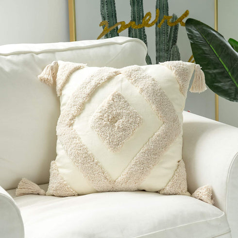 Woven Tufted Boho Throw Pillow Cover Set of 2, Modern Decorative Geometric Diamond Chevron Cushion with Tassels, Farmhouse Tribal Pillowcase for Couch Sofa Bedroom Living Room, 18 x 18 Inches, Ivory