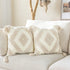 Woven Tufted Boho Throw Pillow Cover Set of 2, Modern Decorative Geometric Diamond Chevron Cushion with Tassels, Farmhouse Tribal Pillowcase for Couch Sofa Bedroom Living Room, 18 x 18 Inches, Ivory