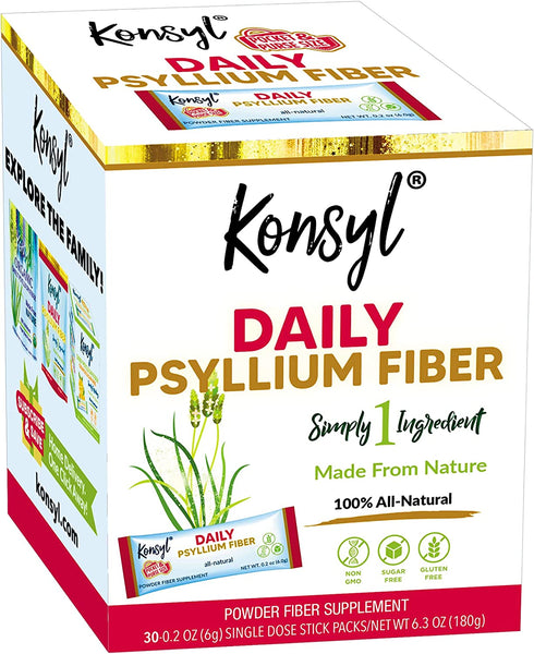 Konsyl Daily Psyllium Fiber Stick Packs - On-The-Go Psyllium Husk Daily Fiber Supplement Powder - Convenient, All-Natural Soluble Fiber, Gluten-Free & Sugar-Free, Vegan & Keto Friendly - 30 Packets