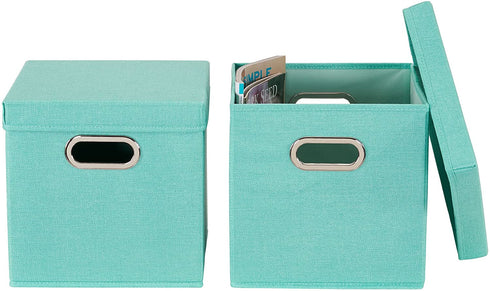 Household Essentials 806-1 Caf© Lids and Handles | 2 Pack | Teal Green Linen Cube Bin Storage Set, 2 Count