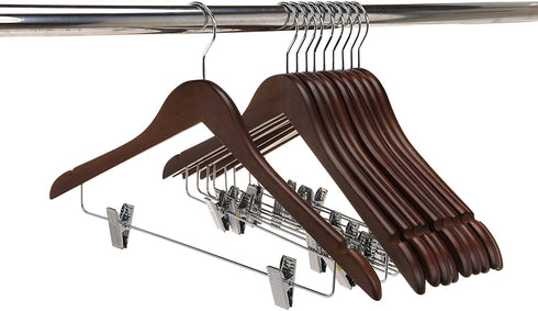 Quality Wooden Skirt Hangers with Clips, 10-Pack Smooth Solid Wood Pants Hangers with Durable Adjustable Metal Clips, Swivel Hook, Coat, Jacket, Blouse Suit Hangers (Walnut - Chrome Hook, 10)