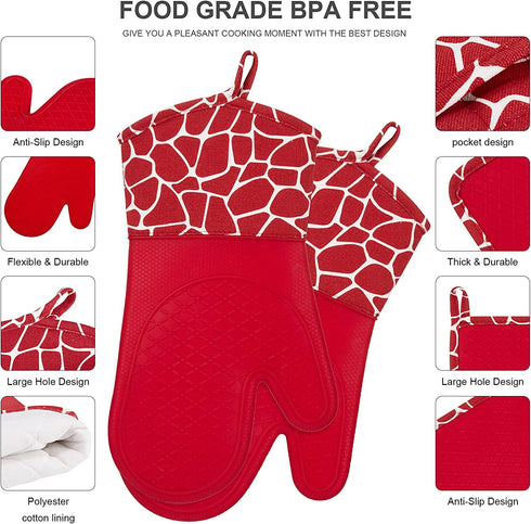 Bobalaly Silicone Oven Mitts and Pot Holders Set 500 F Heat Resistant Oven Gloves Flexible for Kitchen Cooking Baking Grilling Microwave with Quilted Liner BPA Free Non-Slip (Red)