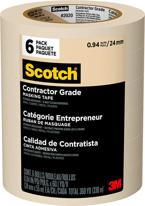Scotch Contractor Grade Masking Tape, 0.94 inches by 60.1 yards (360 yards total), 2020, 6 Rolls