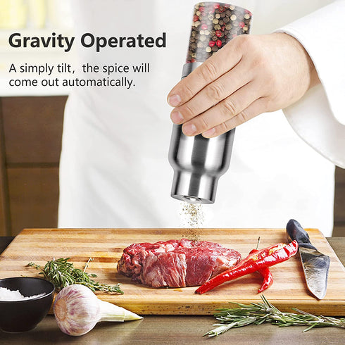 JXXM Gravity Electric Salt and Pepper Grinder Set, Automatic One Hand Pepper Mill Grinder with Battery Operated 2 Pack