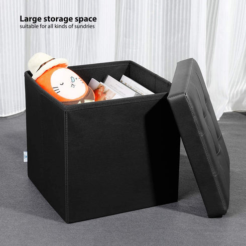B FSOBEIIALEO Folding Storage Ottoman Footrest Stool Faux Leather Seat Chest Black 12.6"X12.6"X12.6"