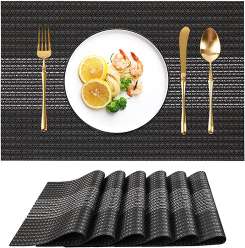 Black Placemats Heat Resistant for Kitchen Dining Table Set of 6,with Sequin Decorations,Easy to Clean Woven Vinyl Placemat Non-Slip Table Mats