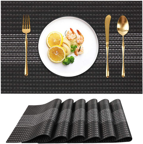 Candumy Black Placemats for Dining Table Set of 6, Washable Woven Vinyl Placemat Non-Slip Heat Resistant Kitchen Table Mats Easy to Clean