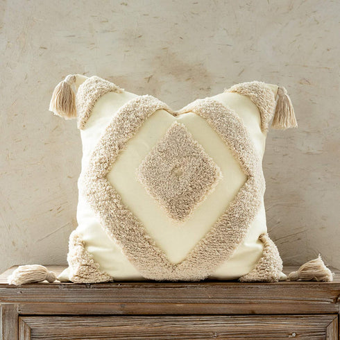 Woven Tufted Boho Throw Pillow Cover Set of 2, Modern Decorative Geometric Diamond Chevron Cushion with Tassels, Farmhouse Tribal Pillowcase for Couch Sofa Bedroom Living Room, 18 x 18 Inches, Ivory