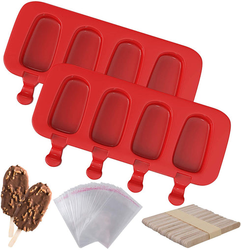 Ozera 2 Pack Popsicles Molds, Homemade Cake Pop Molds Cakesicle Molds Silicone, 4 Cavities Ice Pop Cream Molds Maker with 50 Wooden Sticks & 50 Popsicle Bags for DIY Popsicles