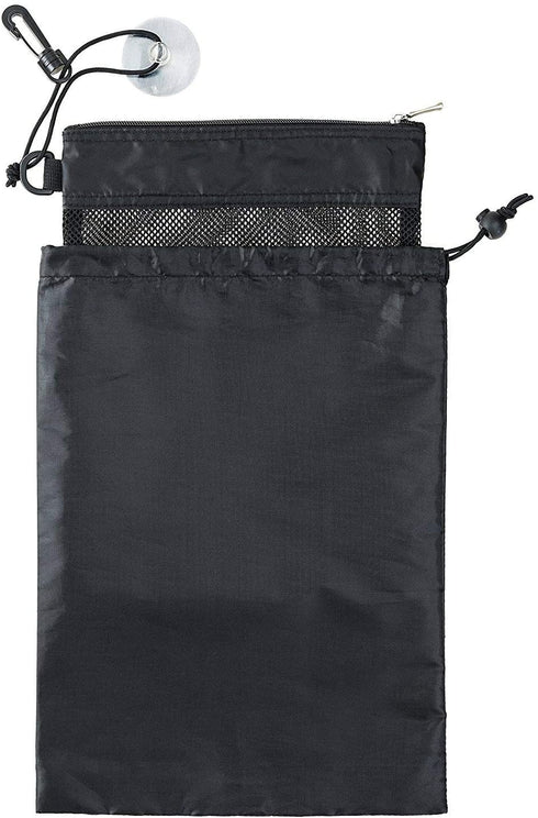 Shower Bag Tote, Mesh Caddy Toiletry Organizer 12?L x 9?W, Compact and Lightweight With Suction Cup, Cord for Hanging, Zipper and Drawstring Pouch 14?L x 10?W, Black
