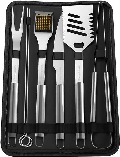 Home-Complete BBQ Grill Tool Set- Stainless Steel Barbecue Grilling Accessories with 7 Utensils and Carrying Case, Includes Spatula, Tongs, Knife