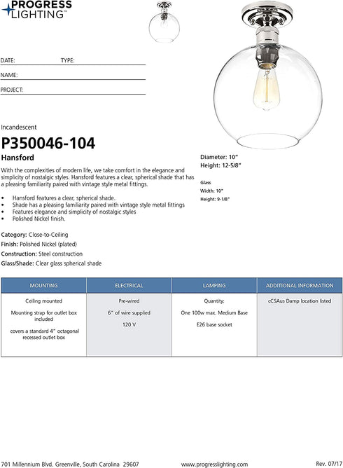 Progress Lighting P350046-104 Hansford Close-to-Ceiling, Polished Nickel