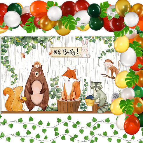 Woodland Decorations for Baby Animals Backdrop Balloon Arch Garland Kit Woodland Backdrop Forest Eucalyptus Ivy Leaves Balloons For Baby Shower Gender Neutral Birthday Party Supplies