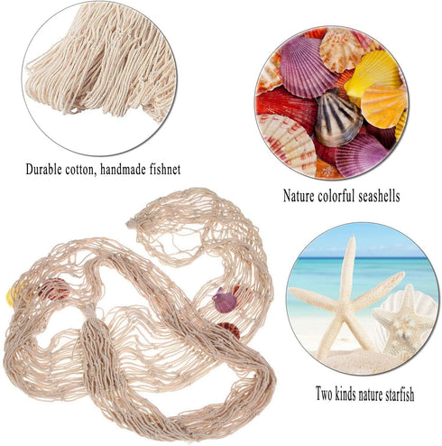 79 x 59 inch Nature Fish Net Wall Decoration with Sea Shells and 10 pcs Natural Starfish Mediterranean Style Decor Wall Decoration