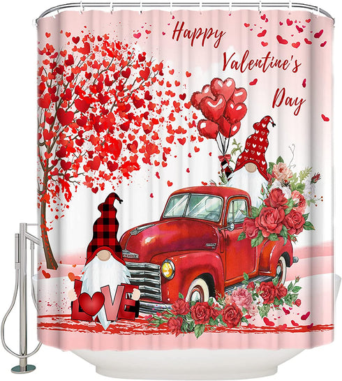 Valentines Gnome Shower Curtains Red Truck Roses Balloon Waterproof Bath Curtain Love Heart Tree Bathroom Curtain with Hooks Polyester Fabric Valentines Day Decoration 48x72inch