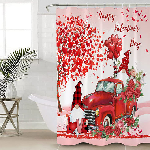 Valentines Gnome Shower Curtains Red Truck Roses Balloon Waterproof Bath Curtain Love Heart Tree Bathroom Curtain with Hooks Polyester Fabric Valentines Day Decoration 48x72inch
