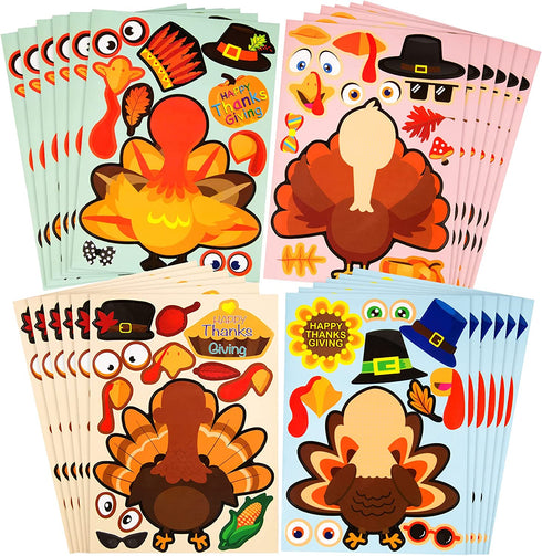 Thanksgiving Stickers, Thanksgiving Crafts for Kids Thanksgiving Games Make Your Own Turkey Stickers for Kids DIY Turkey Games Thanksgiving Party Favors Supplies Prizes Creative Scrapbooks - 24 Sheets