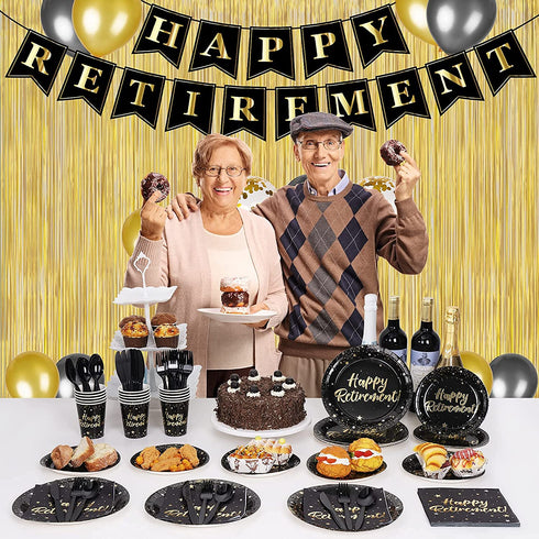 Decorlife Retirement Plates and Napkins Sets Serves 16, Retirement Party Supplies Includes Plates Set, Happy Retirement Banner, Fringe Curtains and Balloons, Total 136 PCS
