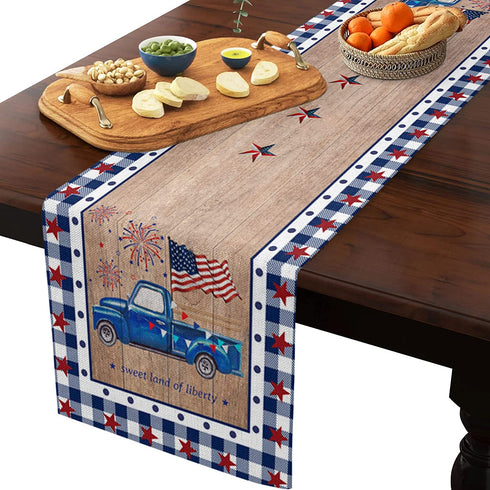 SUN-Shine 4th of July Patriotic Flag Truck Linen Burlap Table Runner Dresser Scarves,Table Runners for Family Dinner Holiday Party Kitchen Tabletop Decor Buffalo Plaid and Polka Dot 13x90In