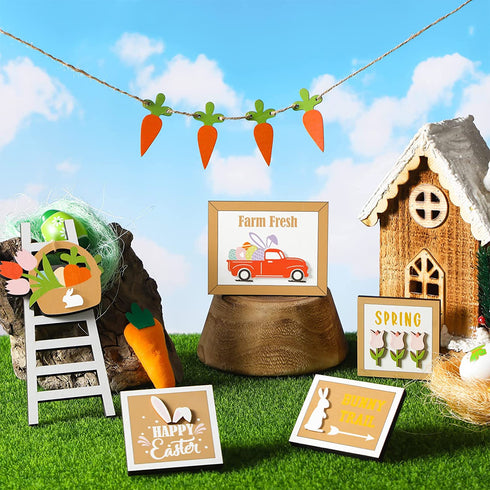 7 Pieces Tiered Tray Decor Set Farmhouse Farm Tiered Tray Decor Items Summer Sunflower Watermelon Bee Lemon Theme Mini Wooden Signs for Easter Graduation Home Kitchen Decorations (Rabbit Style)