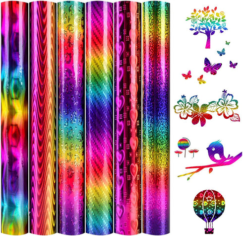 Holographic Rainbow Adhesive Vinyl Roll 6 Sheets 12" x 10" Metallic Glitter Permanent Craft Vinyl Sheets Strips Adhesive Printed Vinyl for DIY Gifts Signs Crafts Easy to Cut & Weed