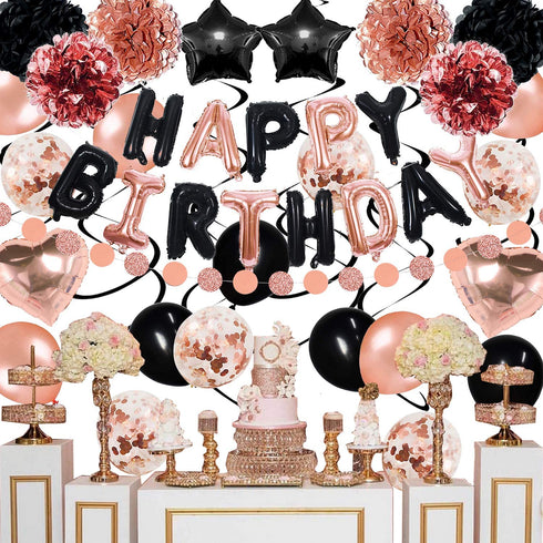 Rose Gold Black Birthday Decorations Set 44 Pieces balloon kit with foil Balloons Suit for 1st 16th 18th 21th 30th 35th 40th 50th 60th 70th, Women Grils Rose Gold and Black Birthday Party Decorations SupplieS