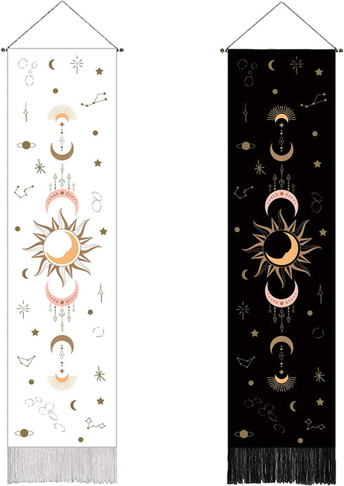 2 pack bohemian decor psychedelic sun and moon phase tapestry wall hanging for bedroom, aesthetic vertical tapestry moon decor with fringe (12.8 x 53.1 inches) black and white boho wall hangings