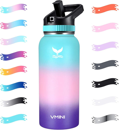 Vmini Water Bottle with Straw, Wide Sturdy Straw Lid with Dust Proof Cap, Wide Mouth Vacuum Insulated Stainless Steel Water Bottle, 32/40 oz