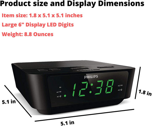 PHILIPS Digital Alarm Clock Radio for Bedroom FM Radio, LED Display, Easy Snooze, Sleep Timer, Battery Back up (Batteries Sold Seperately)