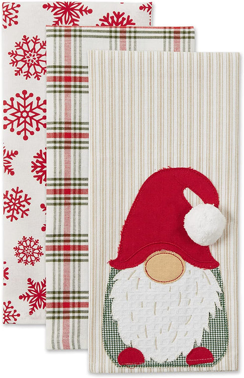 DII Christmas Kitchen Collection Embellished Dishtowel Set, 18x28, Gnome, 3 Piece