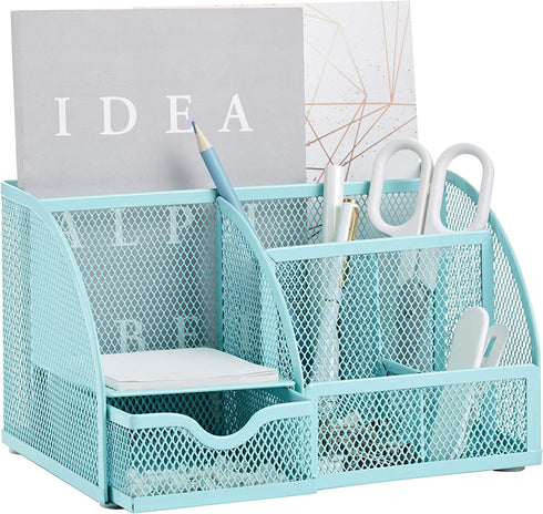 Annova Mesh Desk Organizer Office with 7 Compartments + Drawer/Desk Tidy Candy/Pen Holder/Multifunctional Organizer - Turquoise - Teal