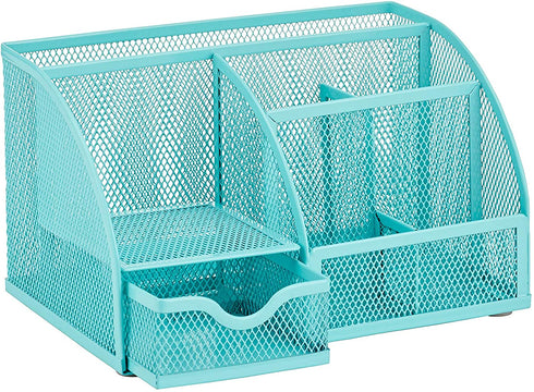 Annova Mesh Desk Organizer Office with 7 Compartments + Drawer/Desk Tidy Candy/Pen Holder/Multifunctional Organizer - Turquoise - Teal