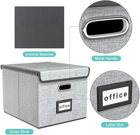 Upgrade Portable File Organizer Box with Lids, Huolewa Collapsible Linen Hanging Filing Storage Boxes with Plastic Slide, Decorative Home/Office Filling System for File and Folders Storage (Gray)